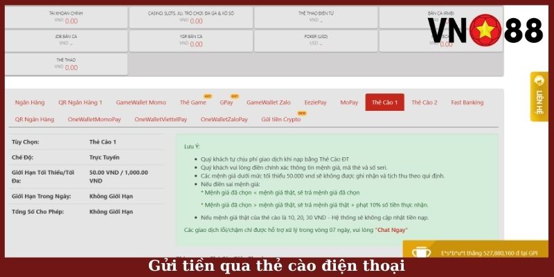 Gửi tiền qua thẻ cào điện thoại